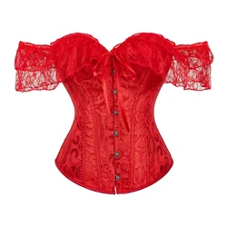 Corset à Manches Courtes en Dentelle, Rouge, Noir, Blanc, Beige, Vert, Steampunk, Bustier