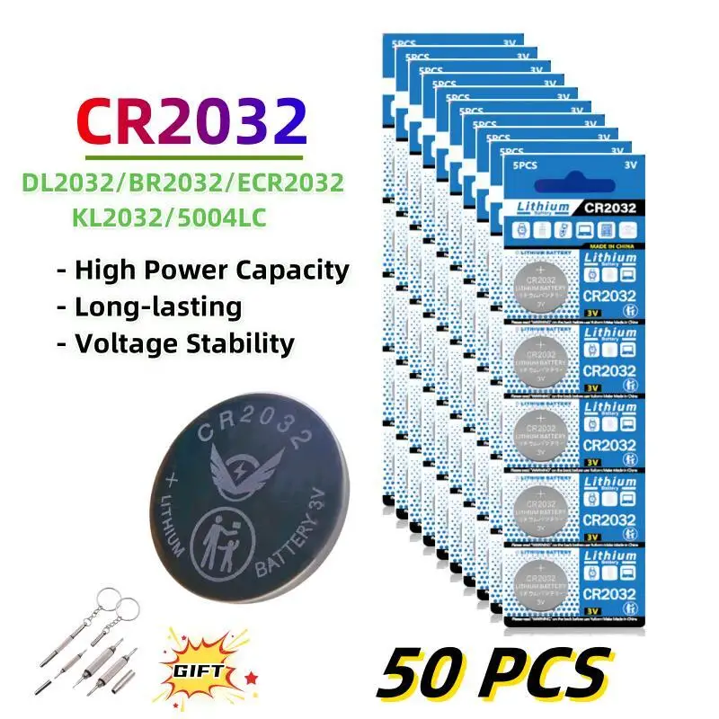 CR2032 baterai tombol, 50 buah ECR2032 DL2032 BR2032 L2032 200mAh baterai sel koin untuk jam mainan dengan kendali jarak jauh