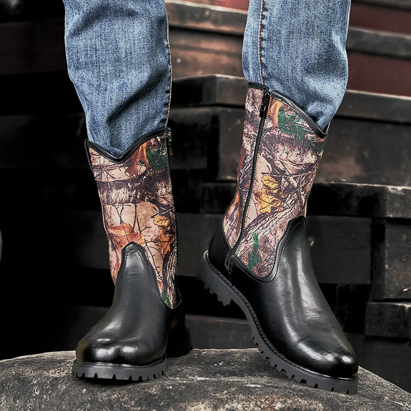 Botas de vaquero del oeste de mezclilla de lujo para primavera y otoño para hombre, botas de tubo alto, botas de caballero al aire libre, zapatos de cuero de retales Retro para hombre