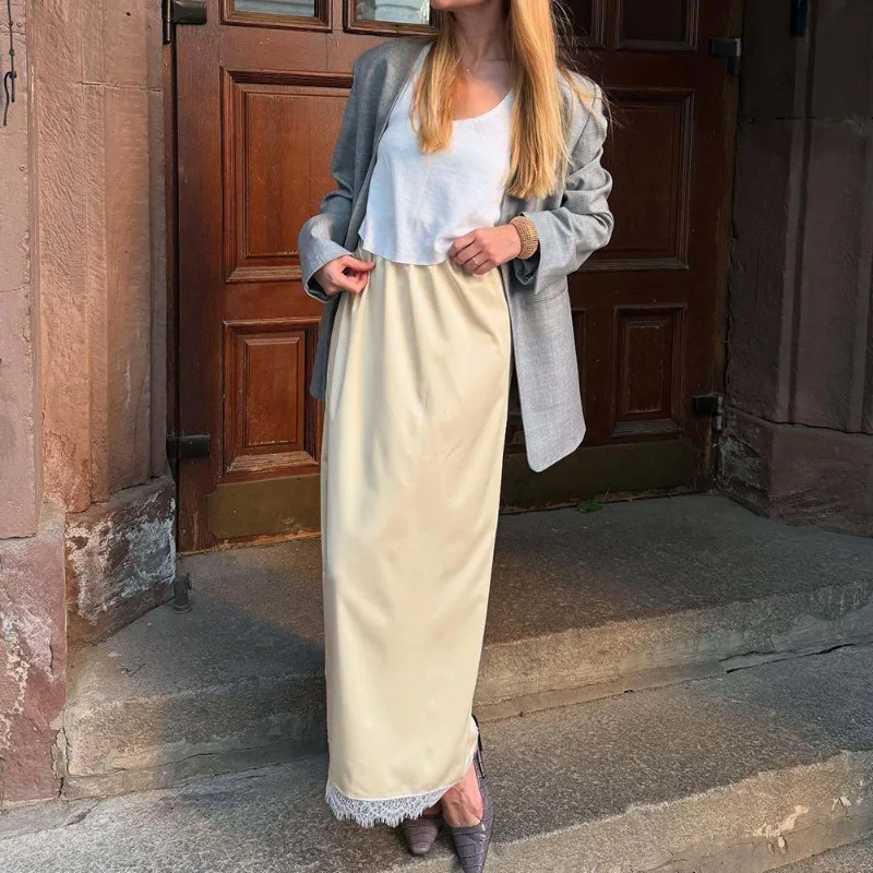 

Ticketsx Elegant Lace A- Line Skirt Woman Apricot High Waist Straight Long Skirt Summer Casual High Street Skirts Female Outfits
