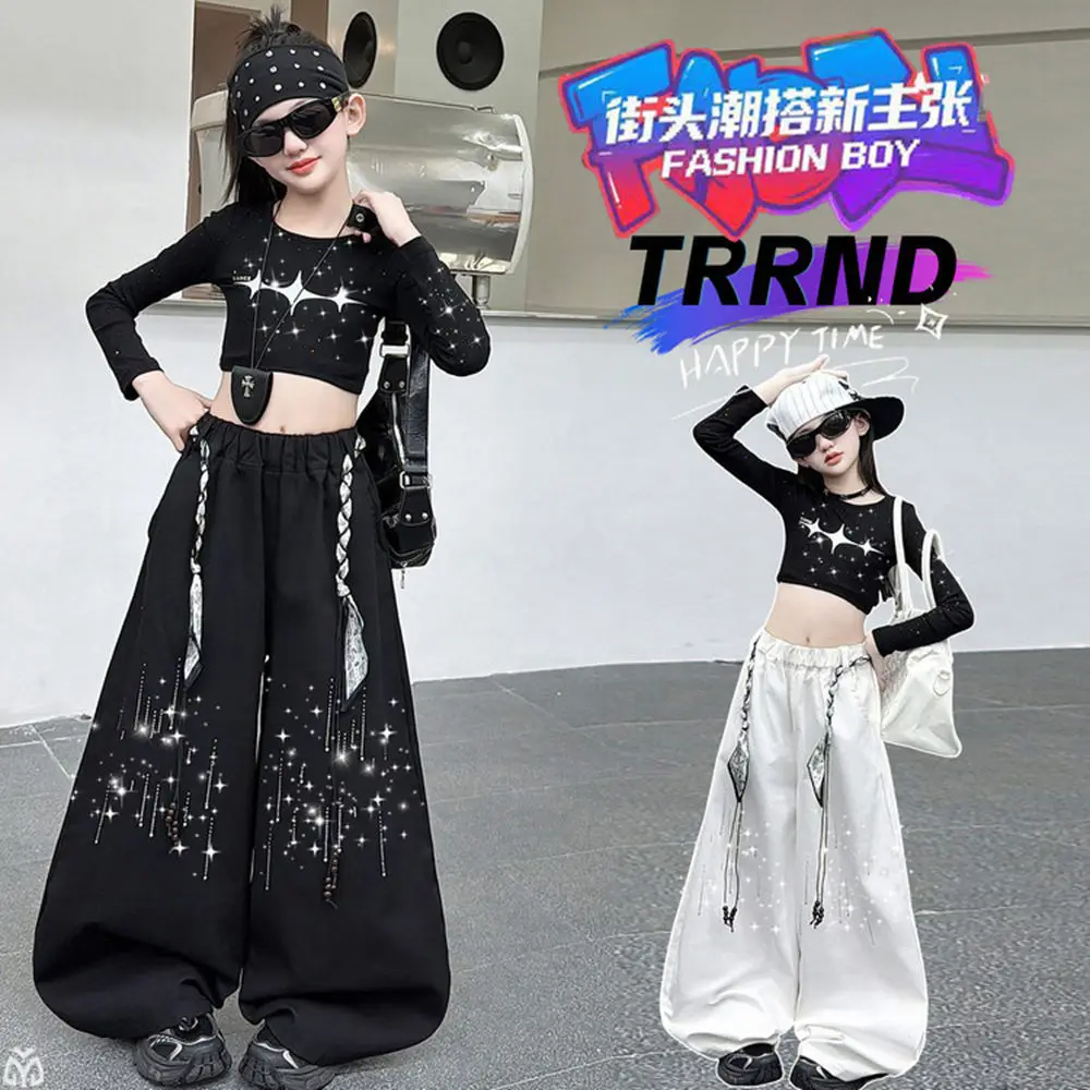 Spring Cotton Teen Girl Shining Wide-leg Pants Short Tops Tee Hot Stamping Trousers Junior Kid Hip hop Jazz Street Dance Outfits