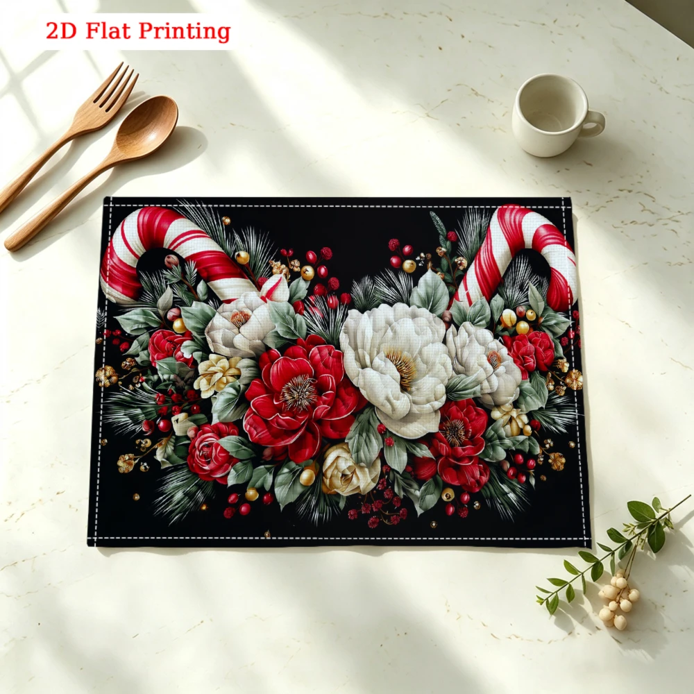 Candy Cane Floral Holiday Design Kitchen Placemat Coaster Linen Pad Dish Coffee Cup Table Mat 30x40cm Home Decor