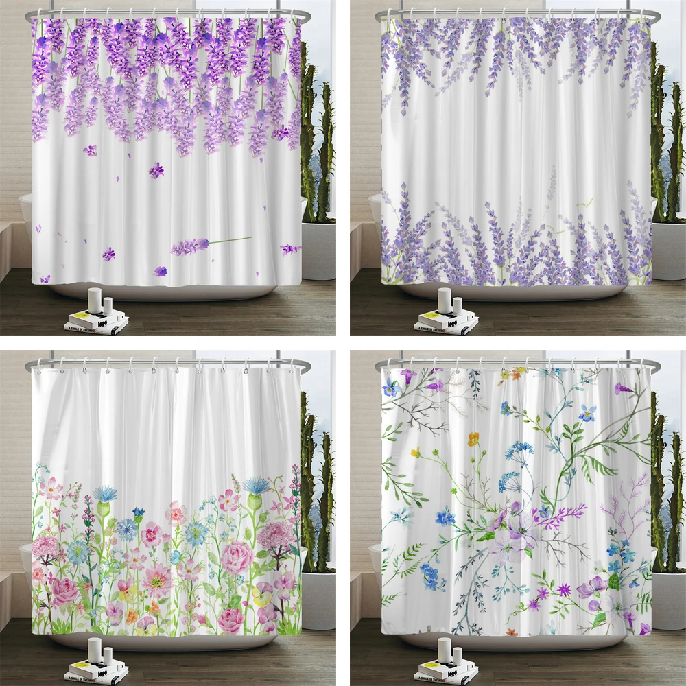 Purple Lavender Floral Shower Curtain Waterproof Shower Curtains Polyester Boho Bath Curtain Bathroom Textured Machine Washable