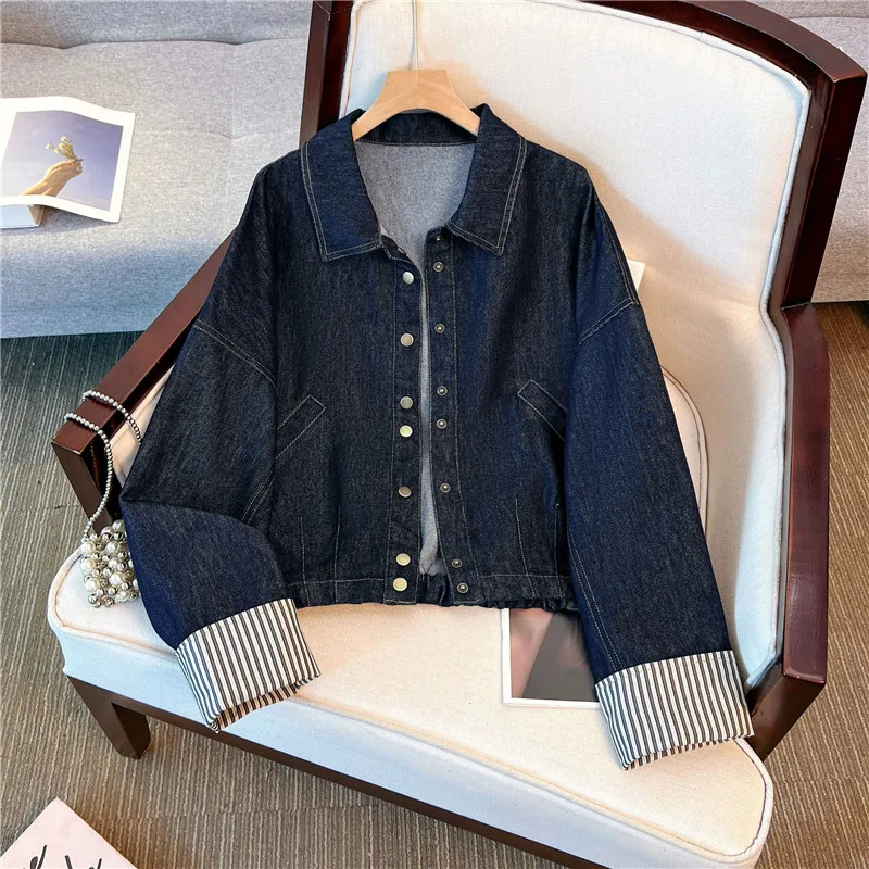 

Осенняя новая винтажная полосатая джинсовая куртка с манжетами, женская однобортная джинсовая куртка с лацканами и длинными рукавами, пальто Chaqueta Mujer