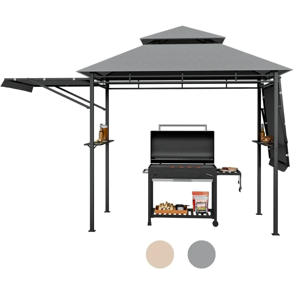 

13.5x4 Ft Grill Shelter With Dual Side Awnings, Double Tiered BBQ With Shelves, Heavy-Duty Steel Frame, CPAI-84 Fire-Resistant