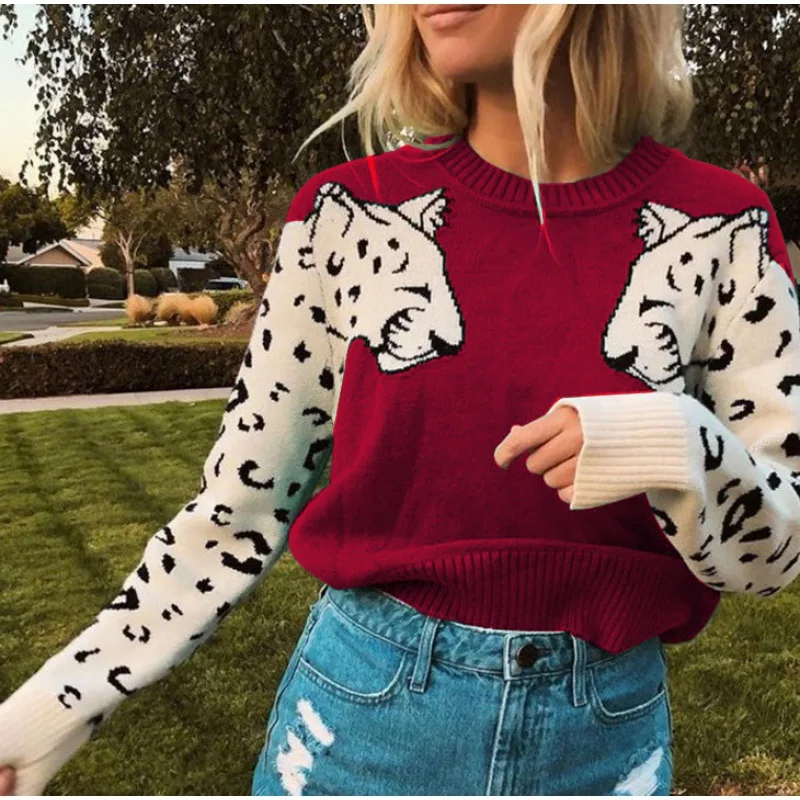 2023 New Autumn and Winter Fashion Round Neck Arm Leopard Pattern Knitted Long Sleeve Temperament Commuter Women\'s Sweater