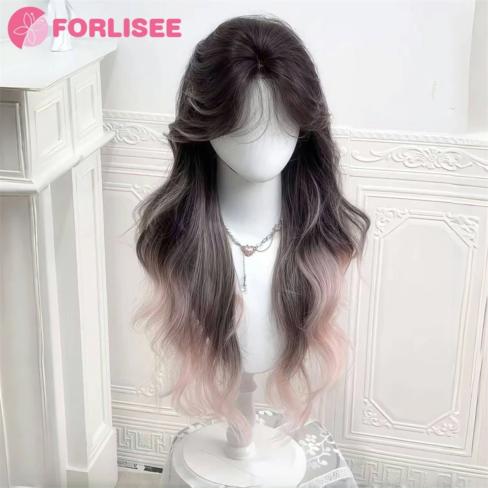 Black Powder Ombre Wig Paris Female Long Curly Hair Lace Front Headband Wig Lolita Heat Resistant Synthetic Wigs for Daily Use