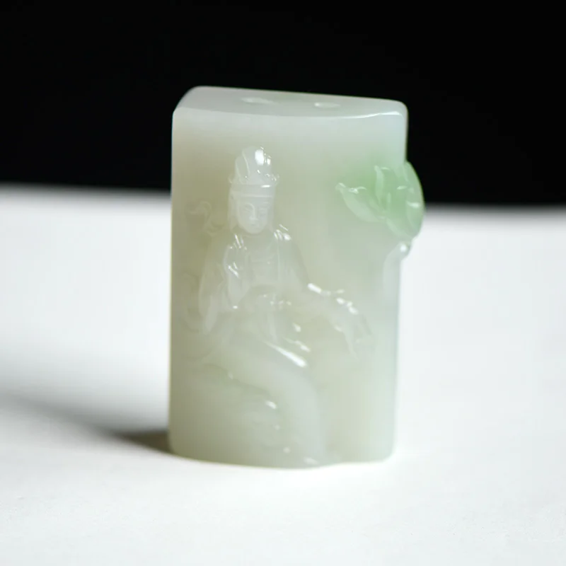 Xuanmei Qinghai Cuiqing Guanyin Hand Handle Jade Pendant