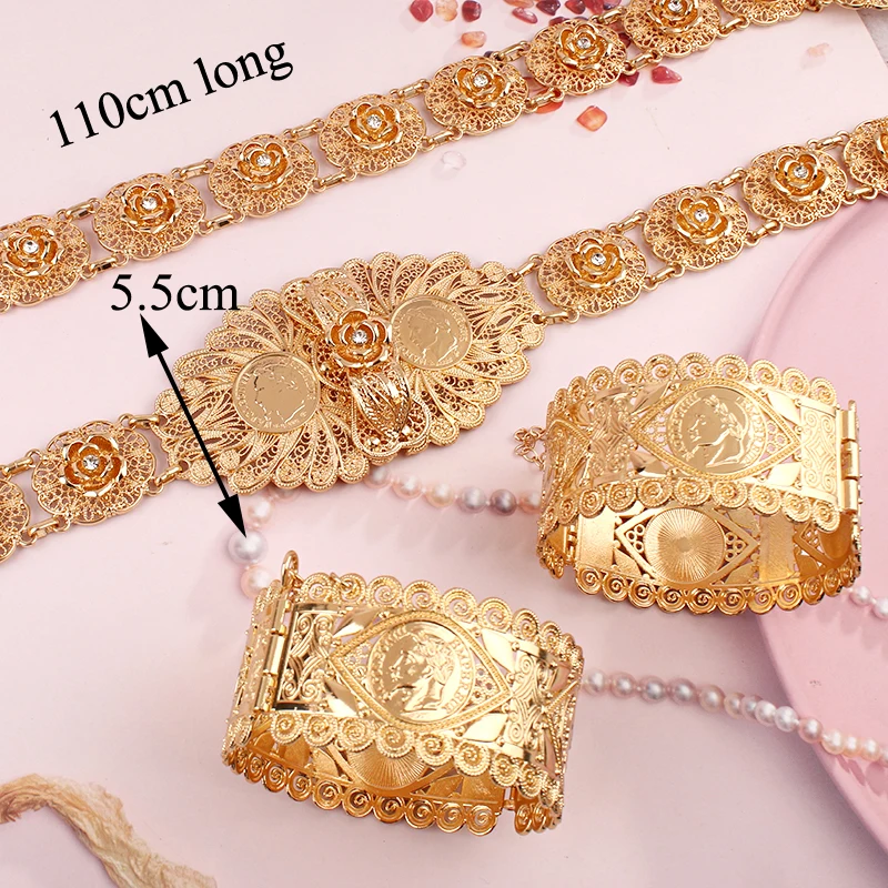 Herseygold Algerian Wedding Jewelry Set Gold Plated Crystal Flower Chain Belts for Kaftan Dress Middle East Bridal Jewelry Sets