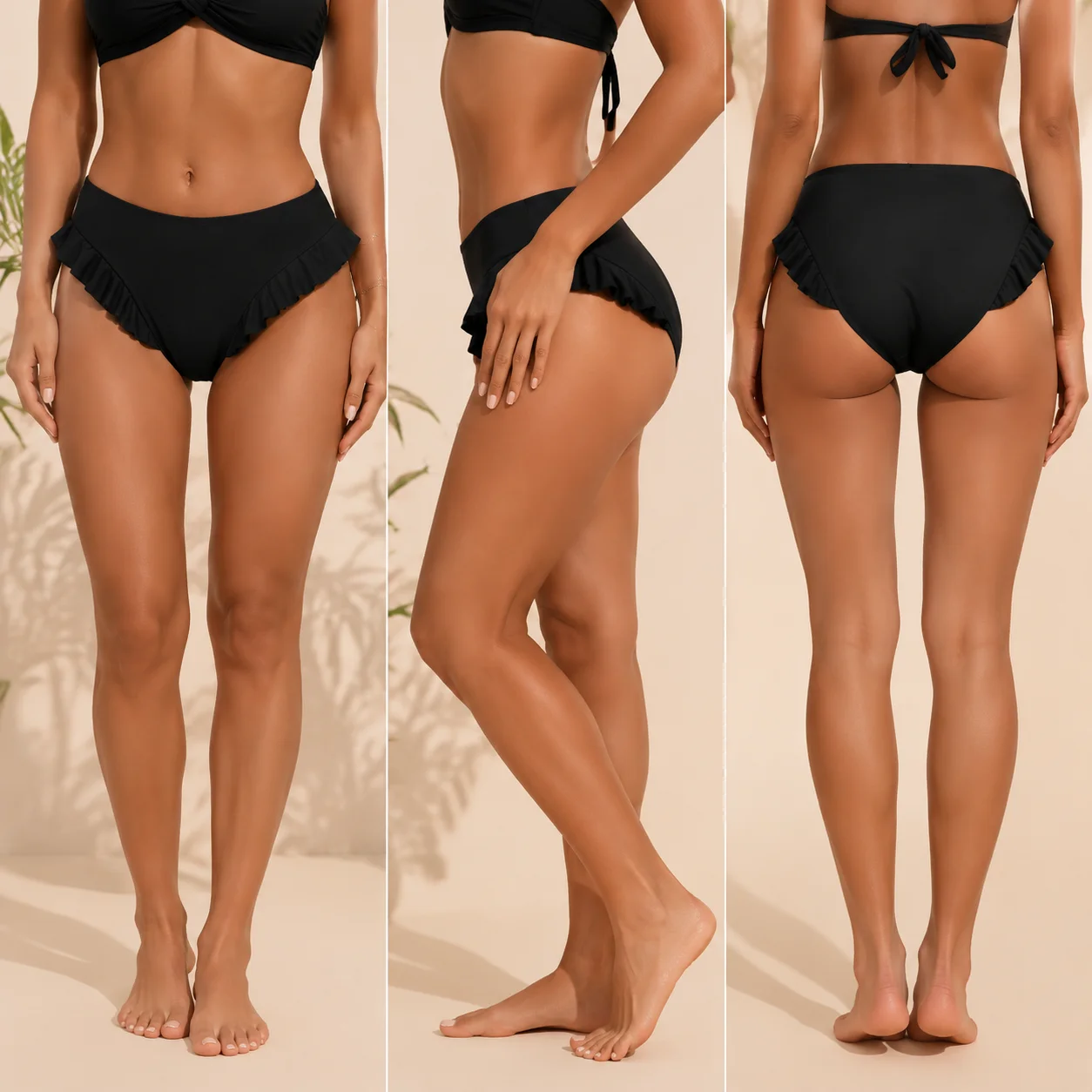 Solid Ruffled Edge Mid Waist Swim Bottoms Stretch High Cut Bikini Briefs Quick Dry Swimming Trunks Women Beach Bathing Suit