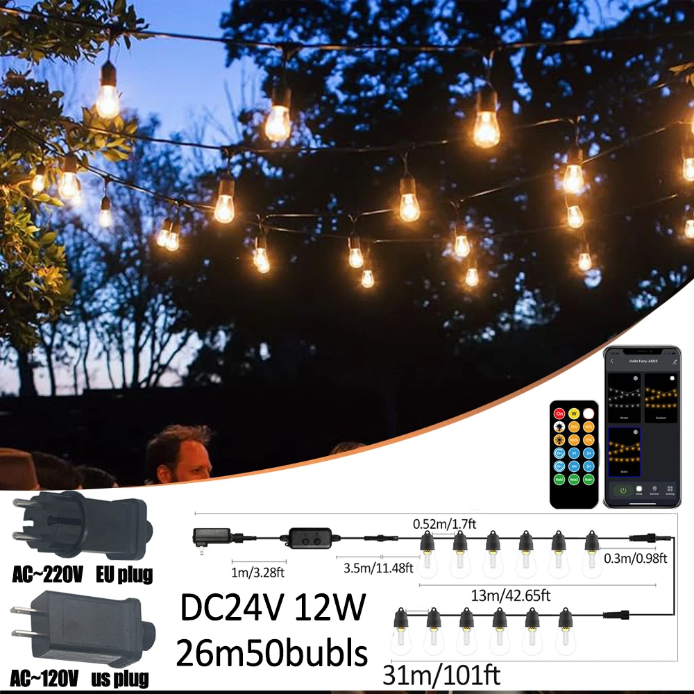 S14 26 متر DC24V أضواء خارجية لتقوم بها بنفسك سلسلة أضواء عيد الميلاد 3 طرق قابل للتعديل أضواء التحكم عن بعد لمبات لحديقة الفناء #1
