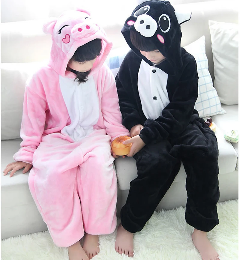 Animal Onesie Women Flannel Pajamas Set Adult Unisex Men Halloween Pig Cosplay Costume Couple Sleepwear Kids Christmas Jumpsuits