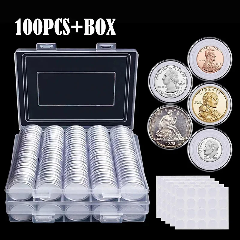 100pcs Coin Capsules with Gasket Storage Box Round Plastic Commemorative Coin Collection Case