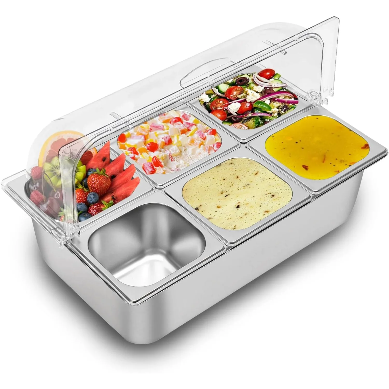 

Countertop Food Container, 6 Pans Condiment Dispenser Salad Dressing Appetizer Spice Fruit Cold Serving Buffet Tray