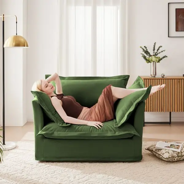 Green Slipcovered Armchair with 1 Back Cushion & 2 Toss Pillows, Chenille, Comfy Single Sofa