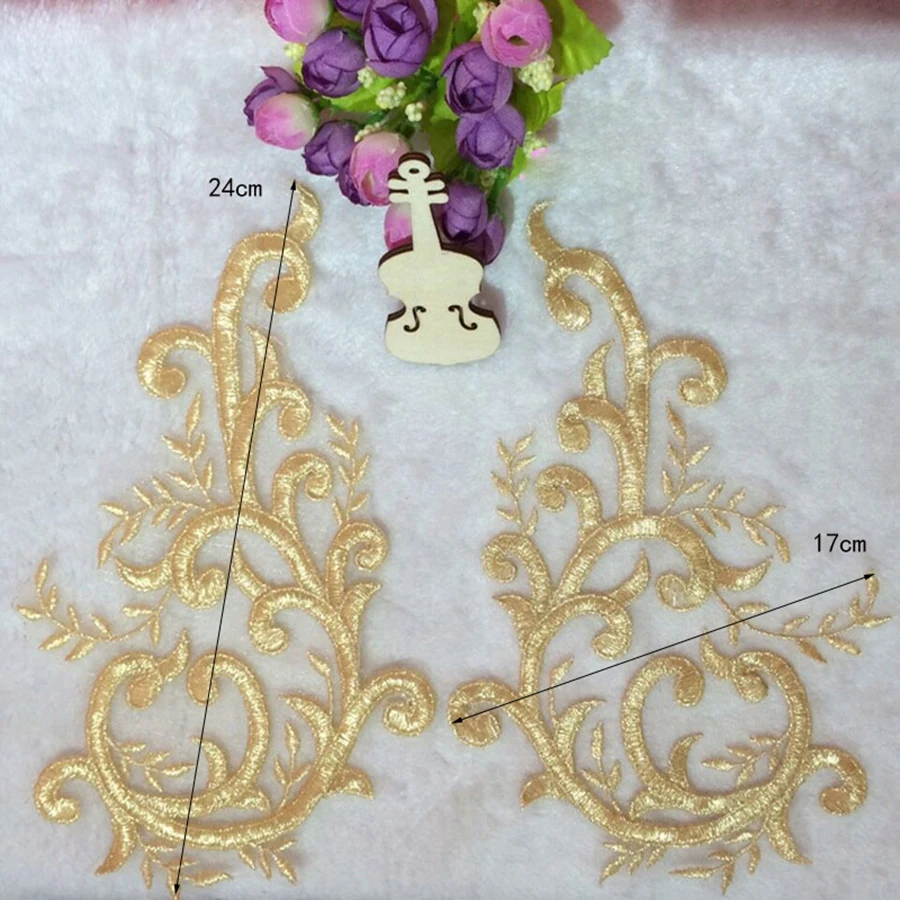 1 Paar goldene Spitzenapplikationen, Blumen-Patch, Nähbesatz, Hochzeitsdekoration, Spitzenstoff – Detail 1