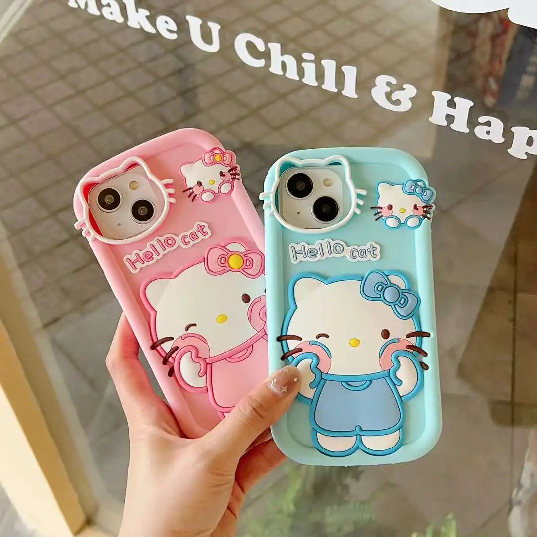 Sanio Cute Pink Hello Kitty Soft Silicone bumper Phone Case For iPhone 15 12 13 14Pro Max 11 X XR Cartoon Lens Protection Cover