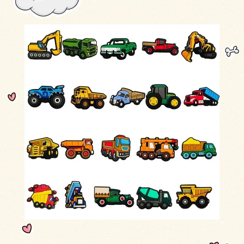 

20Pcs styles of car shoe decorations, construction vehicle shoe buckles, excavator, mixer truck cartoon shoe decorations.