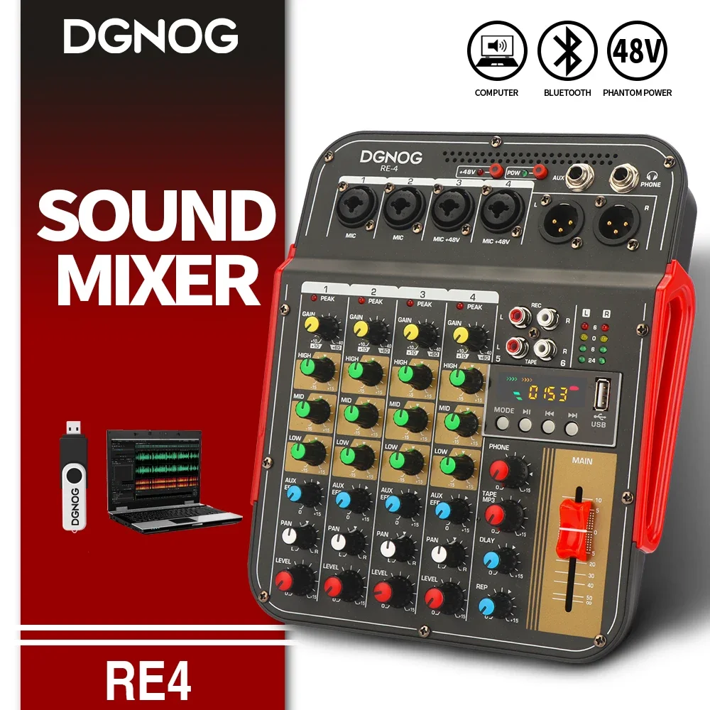 RE4 4-Channel Sound Mixer AUX Effec Console DJ Mixing 48V Phantom Power Bluetooth USB REC With XLR Output Audio Mixer DGNOG