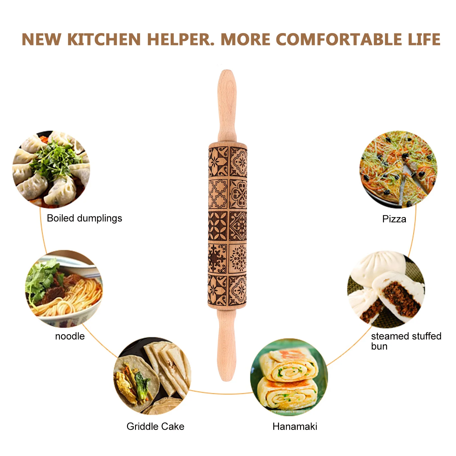 

1pc Wooden Printing Rolling Pin Dough Pastry Roller Pizza Noodle Baking Tool For Home Kitchen Use Cooking Rolling Pin Fondant
