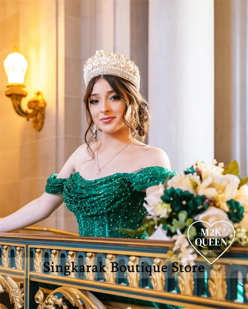 Роскошное зеленое платье Quinceanera с блестками и аппликацией, жемчуг, бисер, кристаллы, бальное платье со шлейфом, пышное платье Sweet 15, вечерние по индивидуальному заказу