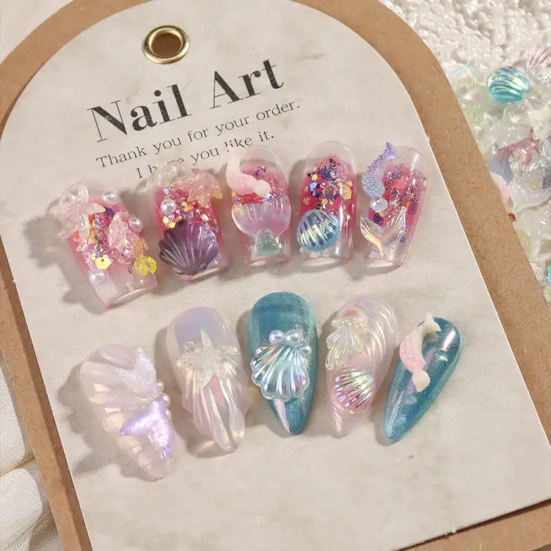 Serie de criaturas, dijes para uñas DIY, concha de medusa de varios estilos, decoraciones artísticas para uñas, cola de pez translúcida, estrella de mar marina