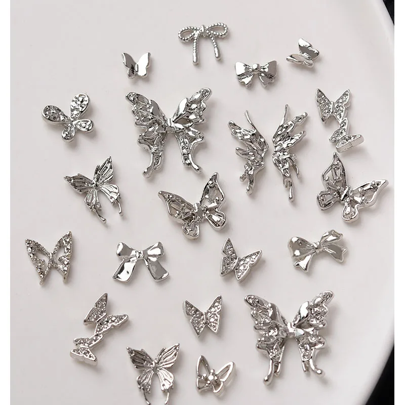 50pcs Retro Silver Alloy Bow Nail Charms Luxury Ribbon Butterfly Wings Y2K Metal Nail Art Rhinestones Decor Manicure Accessories