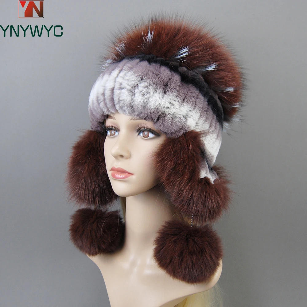 Elastic Knitted Rex Rabbit Fur Beanies Handmade Real Fur Hat with Fox Fur Ears Genuine Fur Snow Cap Bonnets for Women Designer