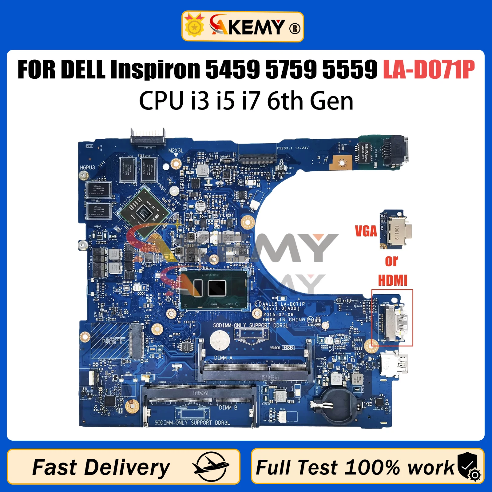 akemy la d071p laptop motherboard para dell inspiron 5459 5759 5559 cn0f1j0w mainboard com cpu i3 i5 i7 6th gen testado bom 01