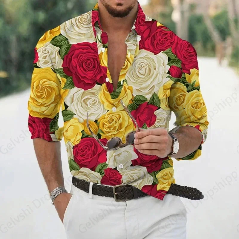 Men Long Sleeve Hawaiian Shirts Flower Daisy 3d Print Beach Tops Fashion Tee Lapel Blouses Single Breasted Men Clothing