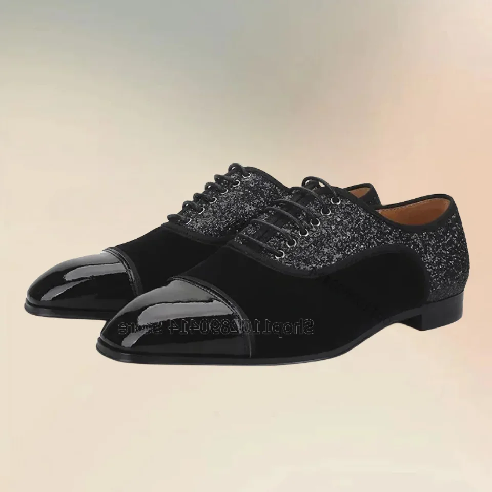 

Black Sequins Decor Strappy Patchwork Men Shoes Fashion Lace Up Men Casual Shoes Luxury Handmade Party Banquet Men Dress Shoes