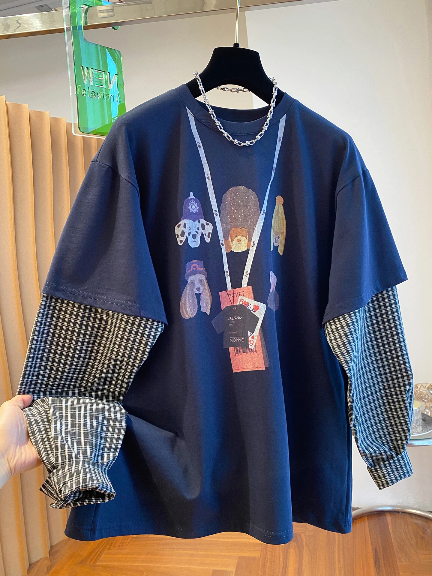 

plus Size 300 Pou Women's Long Sve T-irt Korean Sle Loose Fit Autumn New Arrival Fat MM Fake Two-Piece Top