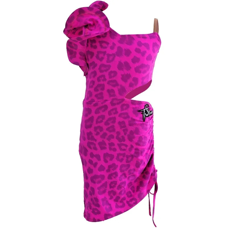 2023 vestito da ballo latino vestiti da spettacolo per ragazze vestito leopardato con spalla inclinata bambini Rumba Costume da ballo per Tango BL10186