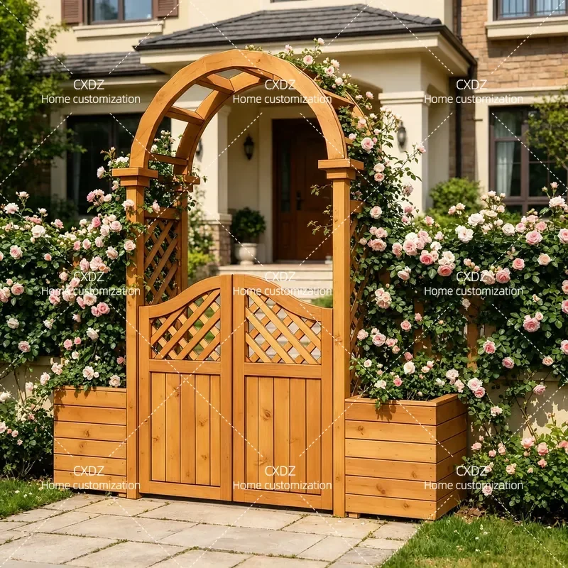 Outdoor Solid Wood Garden Arch Flower Stand Climbing Vine Frame Courtyard Entrance Porch Grape Trellis Curved Doorway Decor