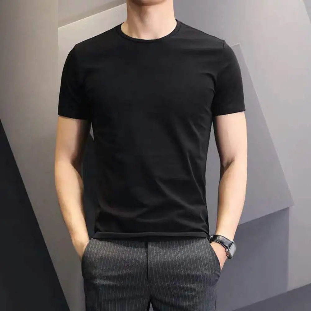 Solid Color Men T-shirt Round Neck Short Sleeve Regular Fit T-shirt Casual Mid Length Pullover Daily Tee Men Business T-shirt