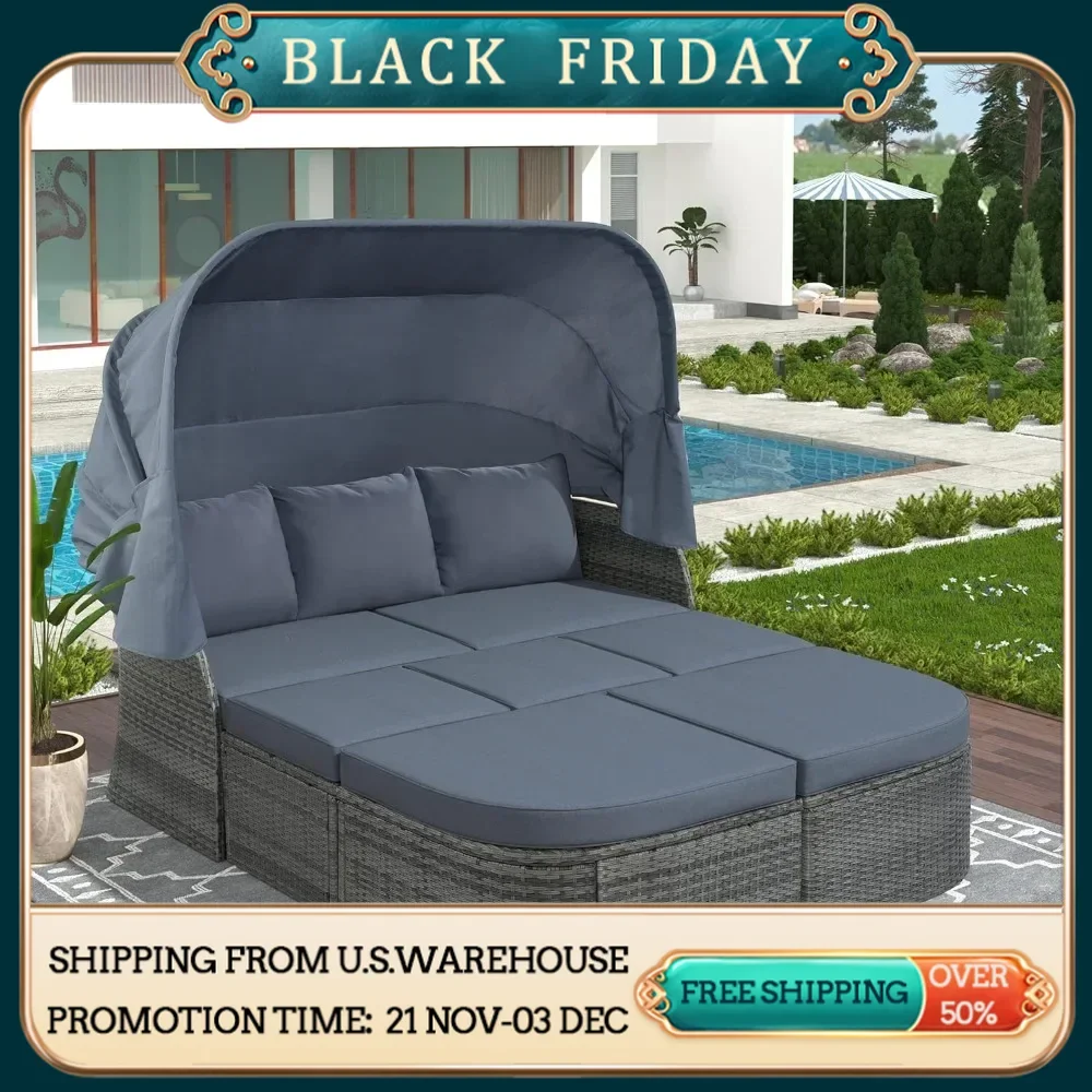 Outdoor Patio Furniture Set, Daybed Sunbed with Retractable Canopy, Patio Conversation Set, Wicker Furniture Sofa Set