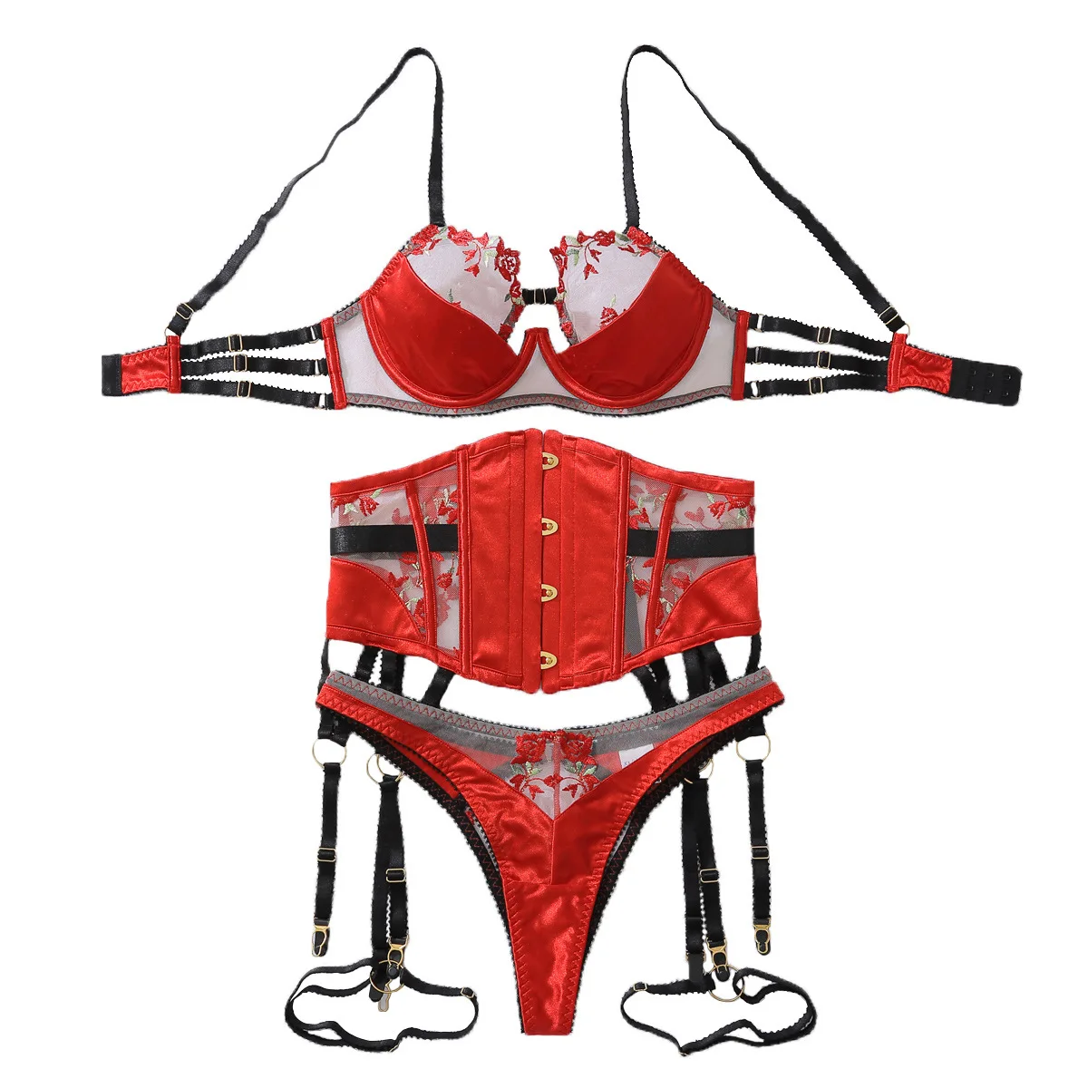 

Floral Bud Shoulder Strap Decoration Lingerie Set Fashion Women's Sexy Red Rose Embroidery Waist Cinching Bra & Brief Split Suit