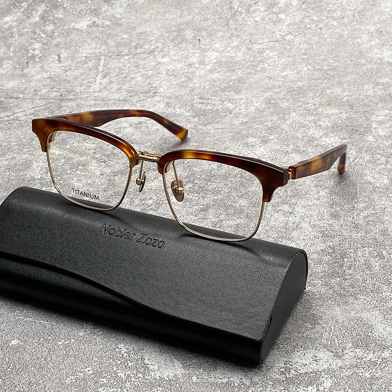 High quality men's clamshell half-frame glasses made of pure titanium square acetate optical frame for prescription glasses