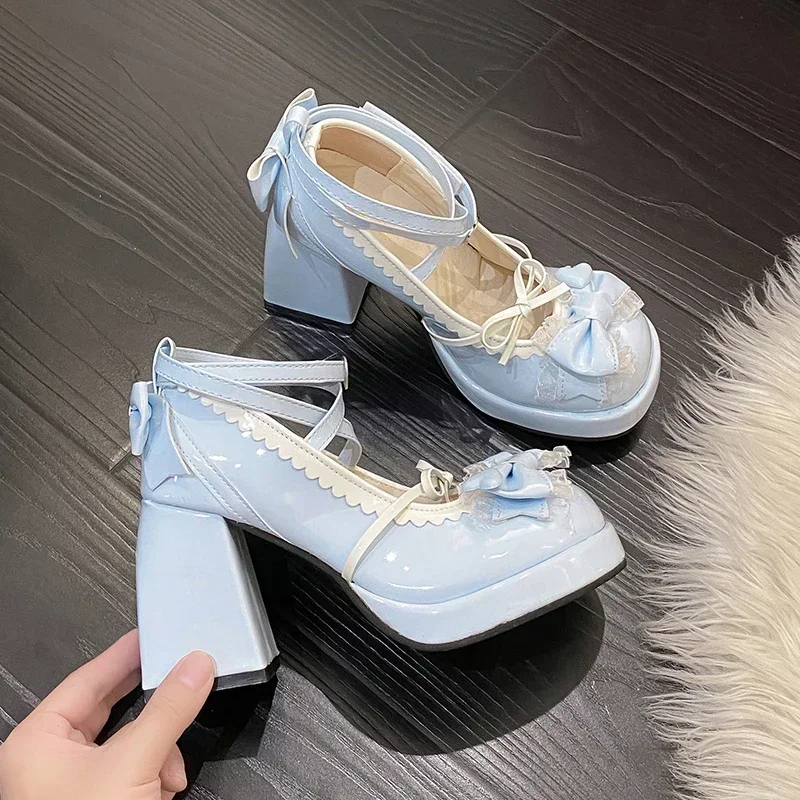 Women Platform Lolita Shoes Bow Mary Janes Shoes Party High Heels Trend Kawaii Leather Shoes Lace Fashion Chunky Heeled Pumps - view 4
