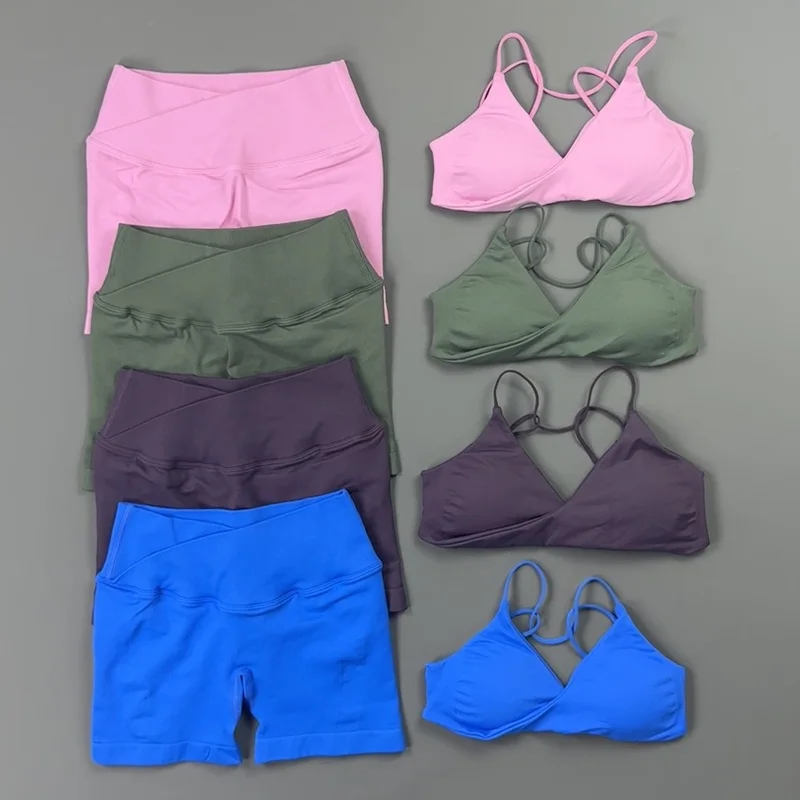 2 Pieces Gym Set Sports Bra Cross Waist Shorts Stretch Butt Lift Dry Fitness Suit Gym Run Pilates Sport Athletic Daily Outfit