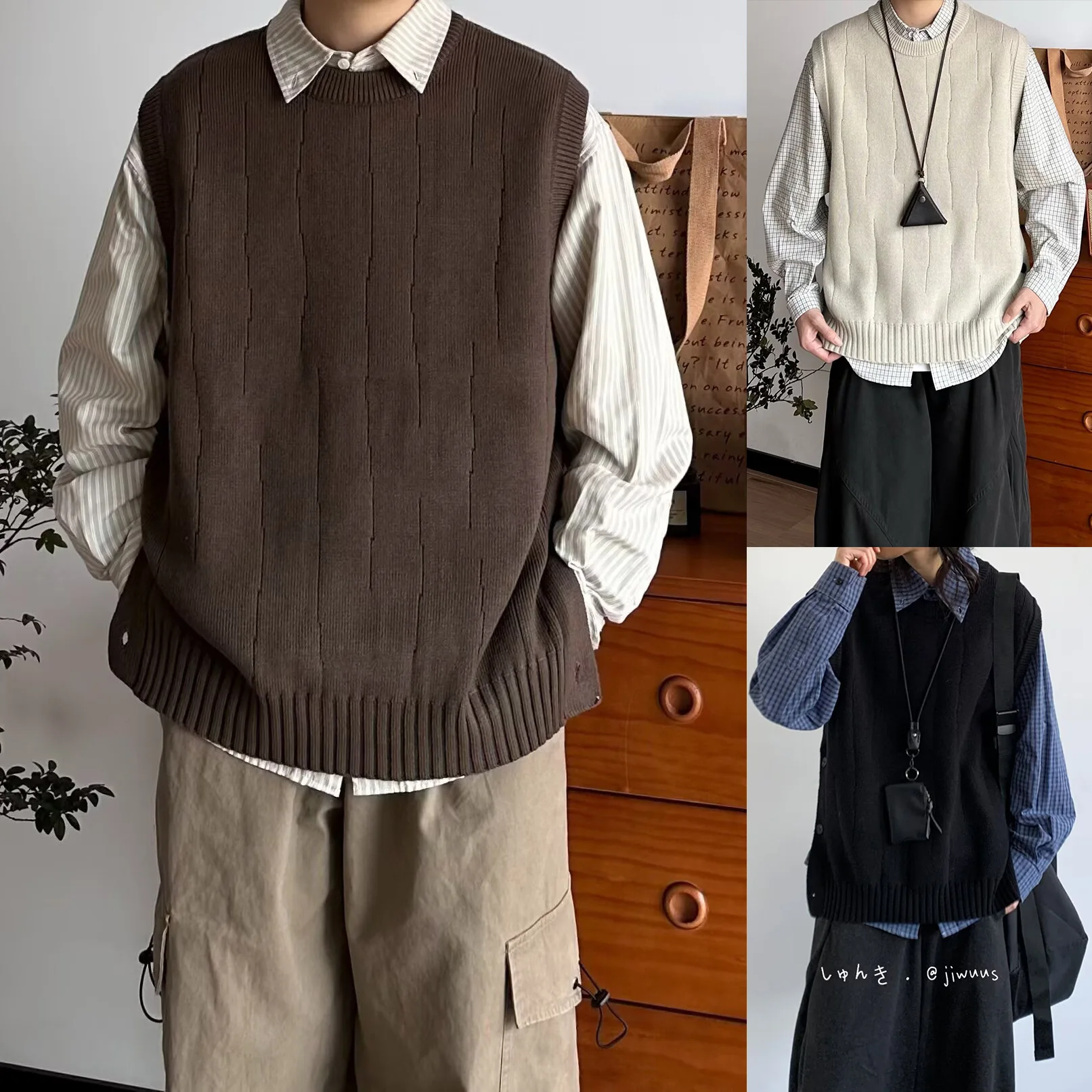 Autumn Winter Button Side Split Sleeveless Knit Vest Men's Casual Outerwear
