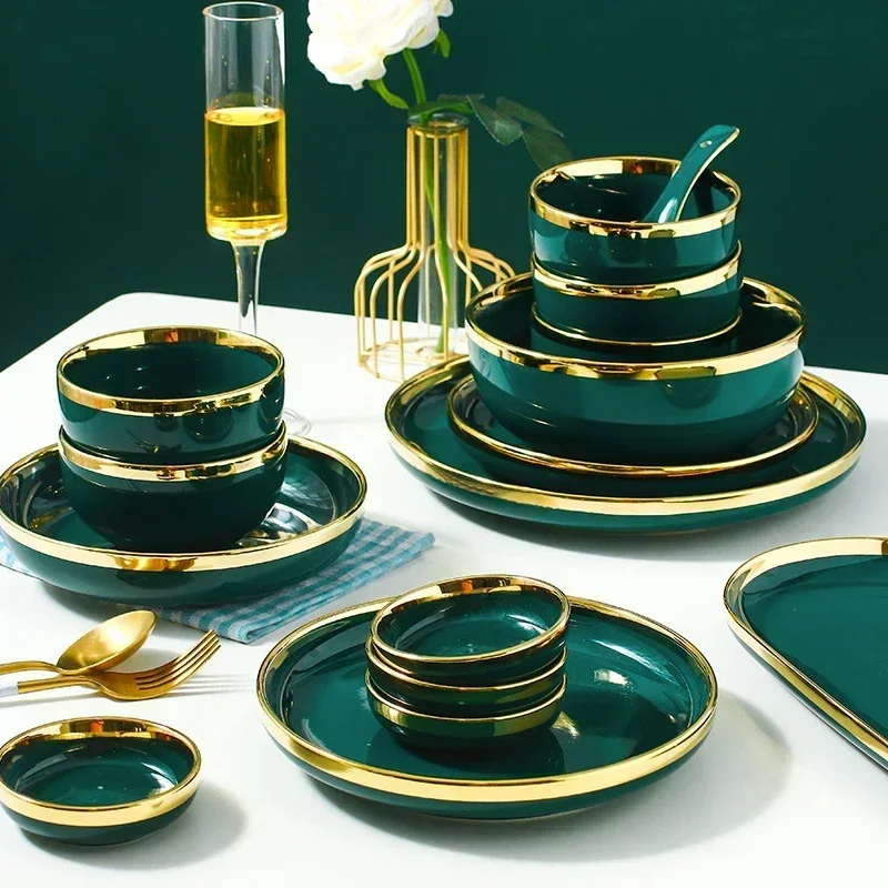 English Style Crockery Vintage Peacock Green 26pcs Dinner Set Dinnerware For Family Party