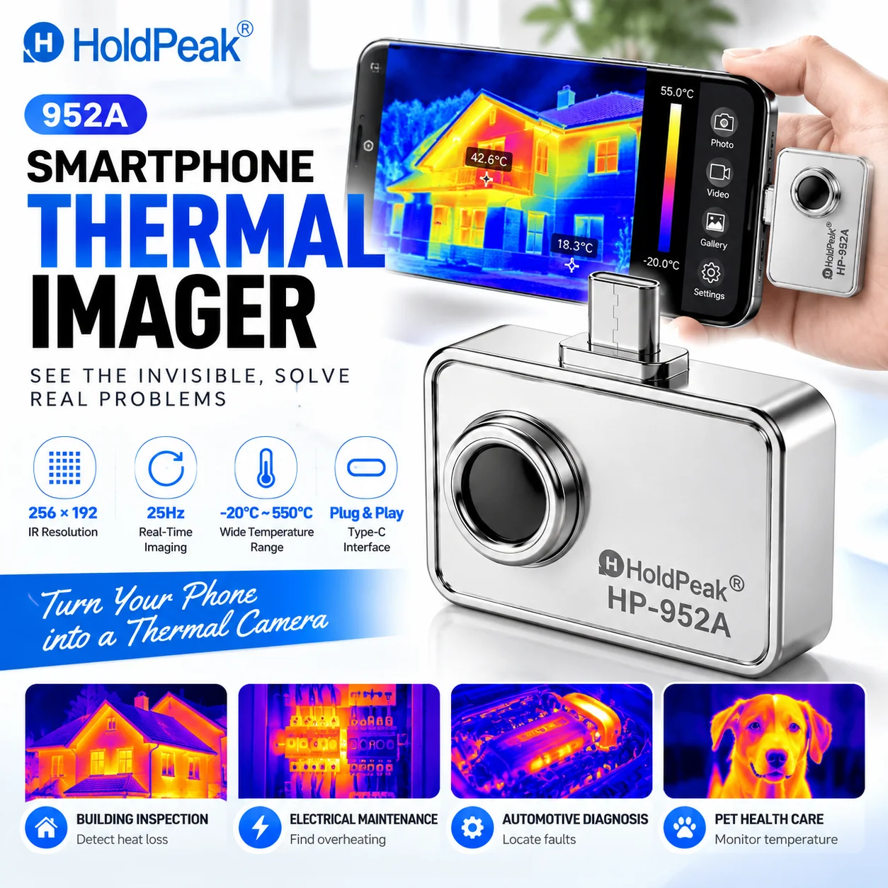 256x192 Thermal Imaging Camera for Android Phone Type-C Infrared Thermal Imager -15°C to 600°C Smartphone Temperature Tester