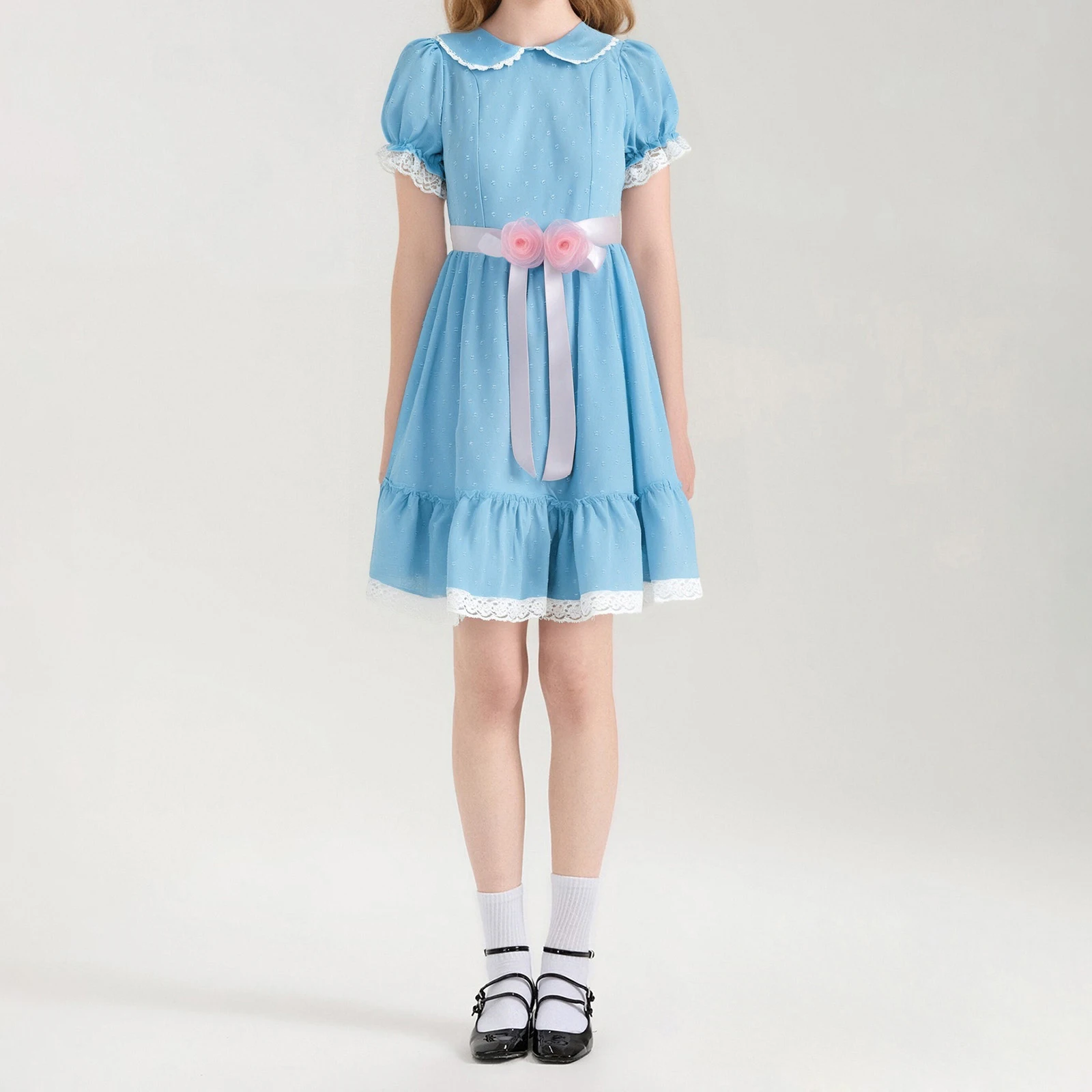 2025 Women Sweet Appliques Mini A Line Dress Short Puff Sleeve Doll Collar Lace Patchwork Dress with Floral Belt