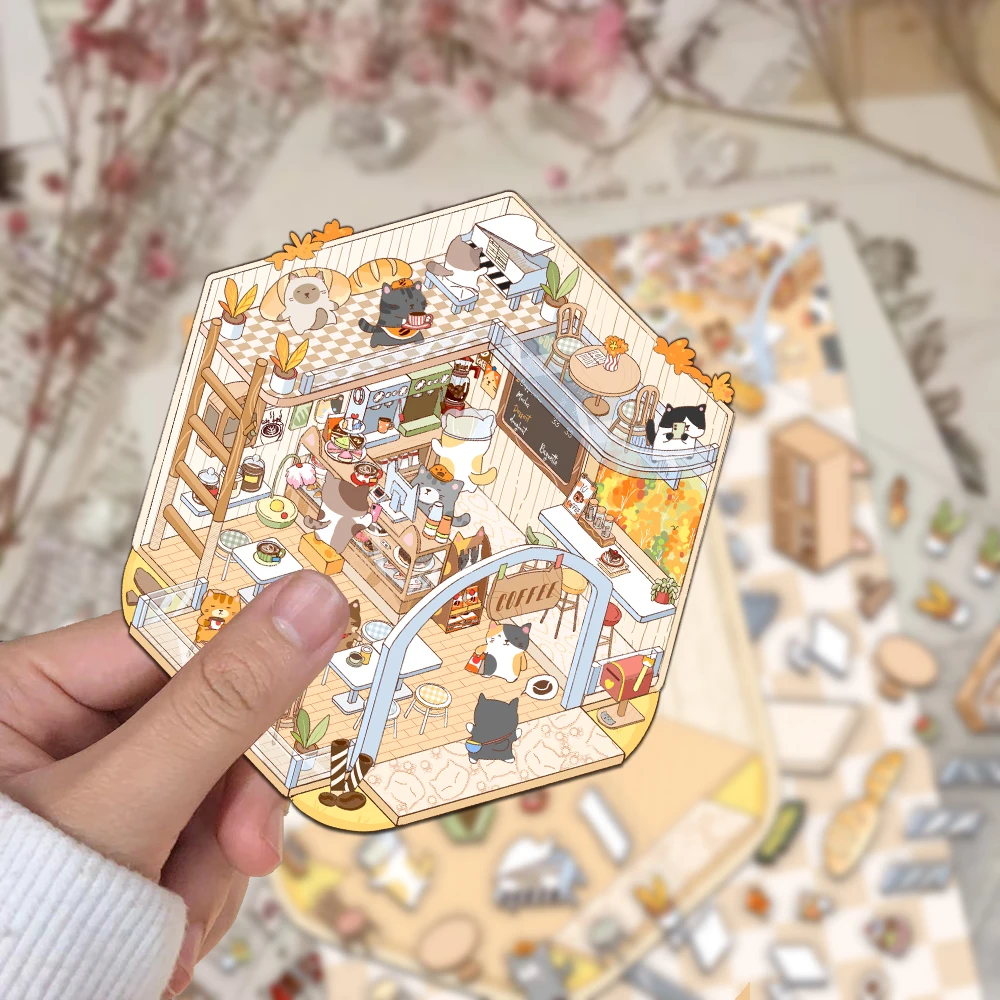 2PCS Creative  Product Shrinking World Cat Cafe Landscape Stickers DIY Decompression PET Material Stickers
