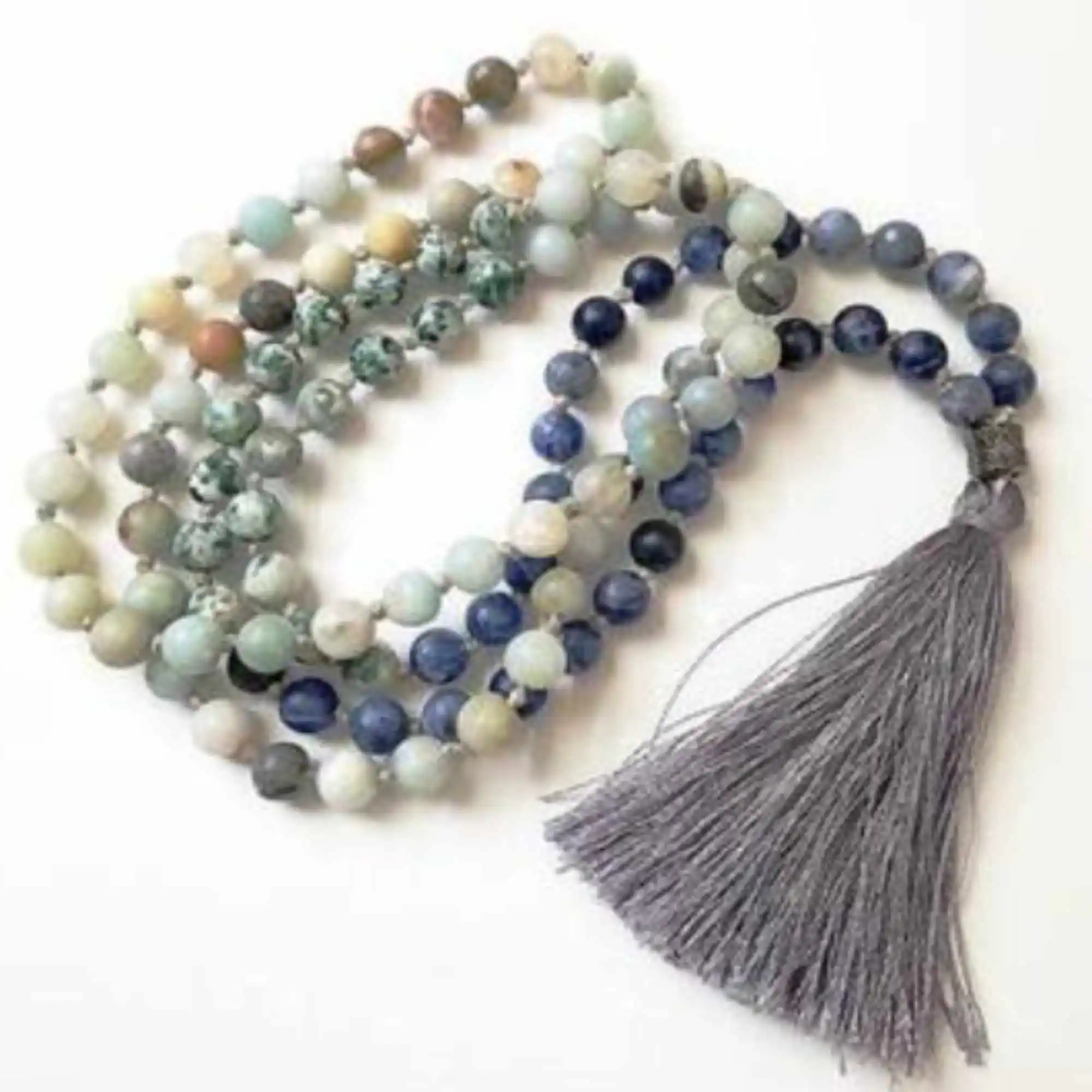 8mm 108 knot dumortierite Green Flower Jade Amazonium necklace Zen Crystal Unisex Chakra Fashion Opera length Fashion Mala  Men