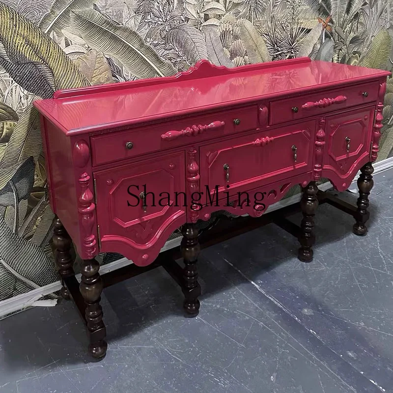CL Solid Wood Vintage Entryway Cabinet Entrance Hall Cabinet Classical Carved Decorative Sideboard