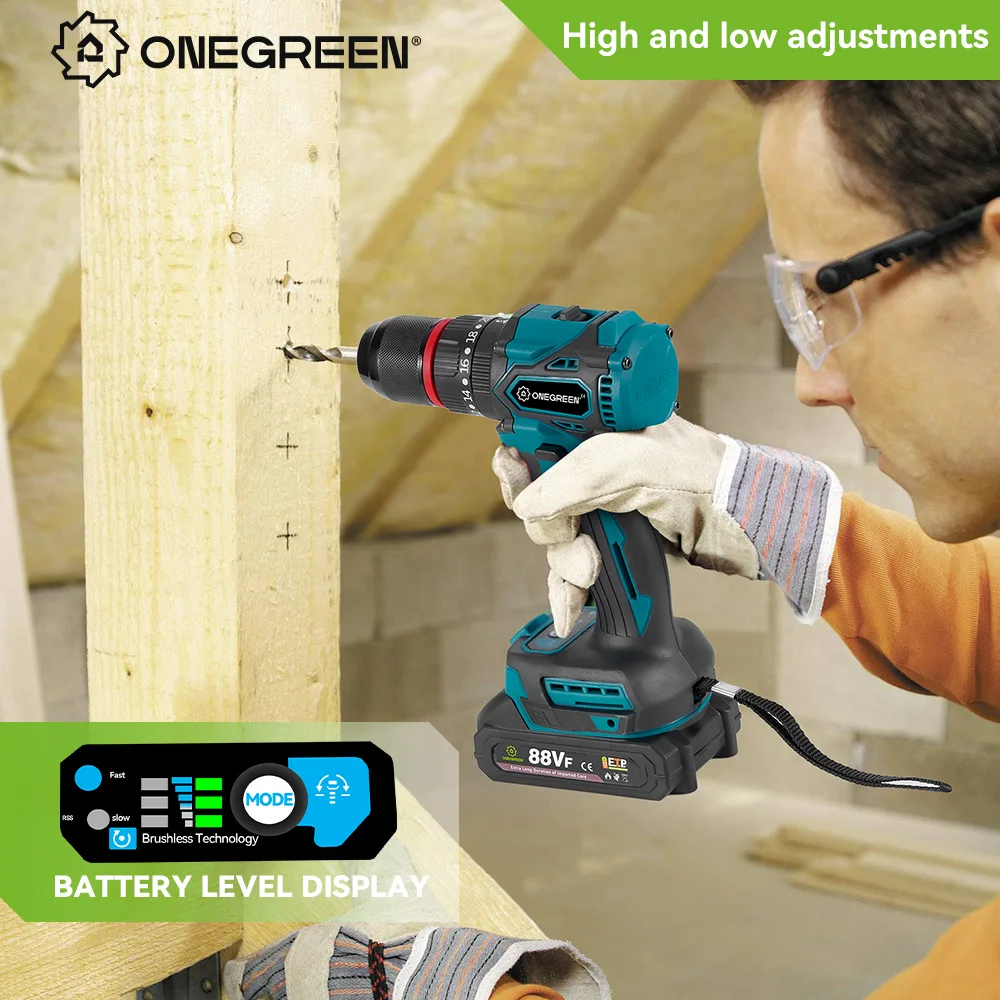 ONEGREEN 480N.M Brushless Electric Impact Drill 13mm Cordless Drill Electric Screwdriver Power Tools For Makita 18V Battery