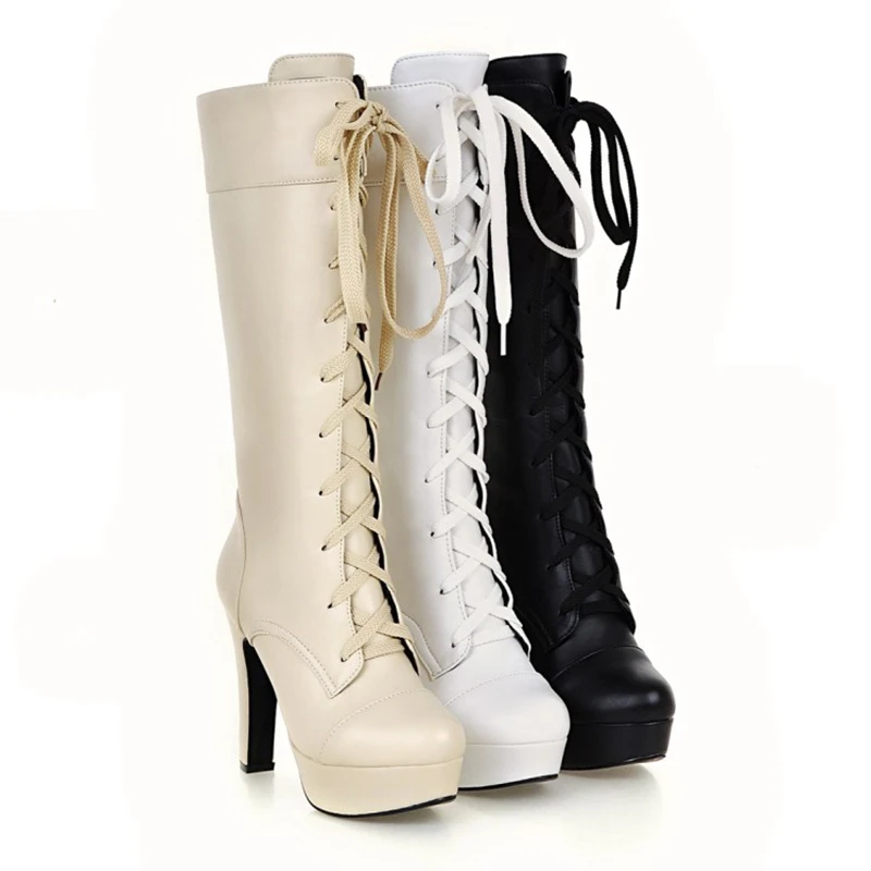 REAVE CAT British Ladies Knee High Boots Round Toe Lace Up 12CM Platforms Spike Heels Shoes Size 31-45 White A4206