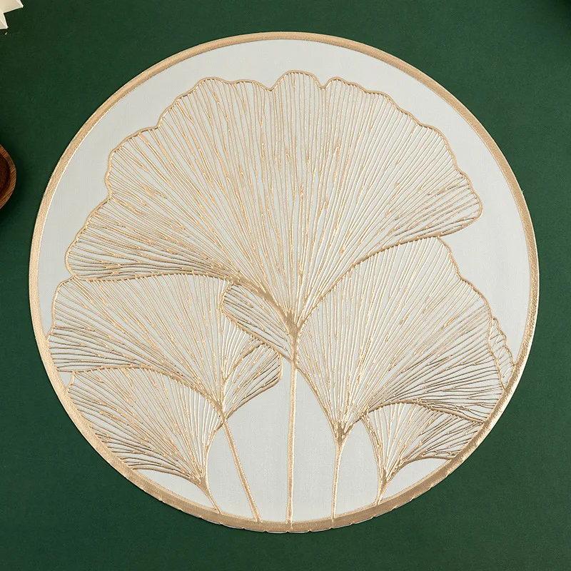 Nordic 3D Embossed Ginkgo Biloba Placemats Pvc Round Bronzing Insulation Pad Waterproof Dining Table Decoration for Restaurant